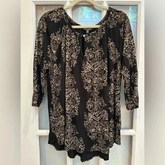 Lucky Brand Womens Black Tan Paisley Bohemian Blouse Size 2X Keyhole Neckline - Picture 1 of 12